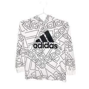 Adidas Black and White Logo Hooded Long Sleeve T-Shirt Small